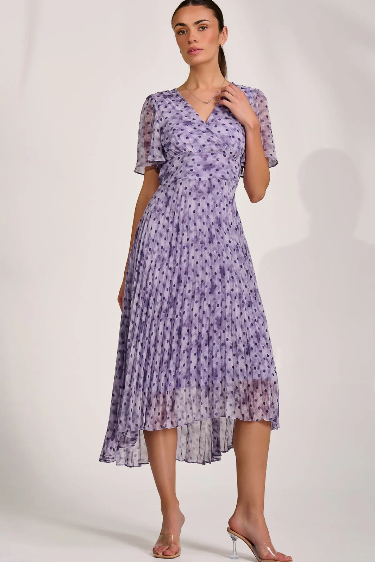 Jolie Moi Occasion Dresses|Maxi Dresses-Printed Chiffon Glitter Maxi Dress, Blue Spot
