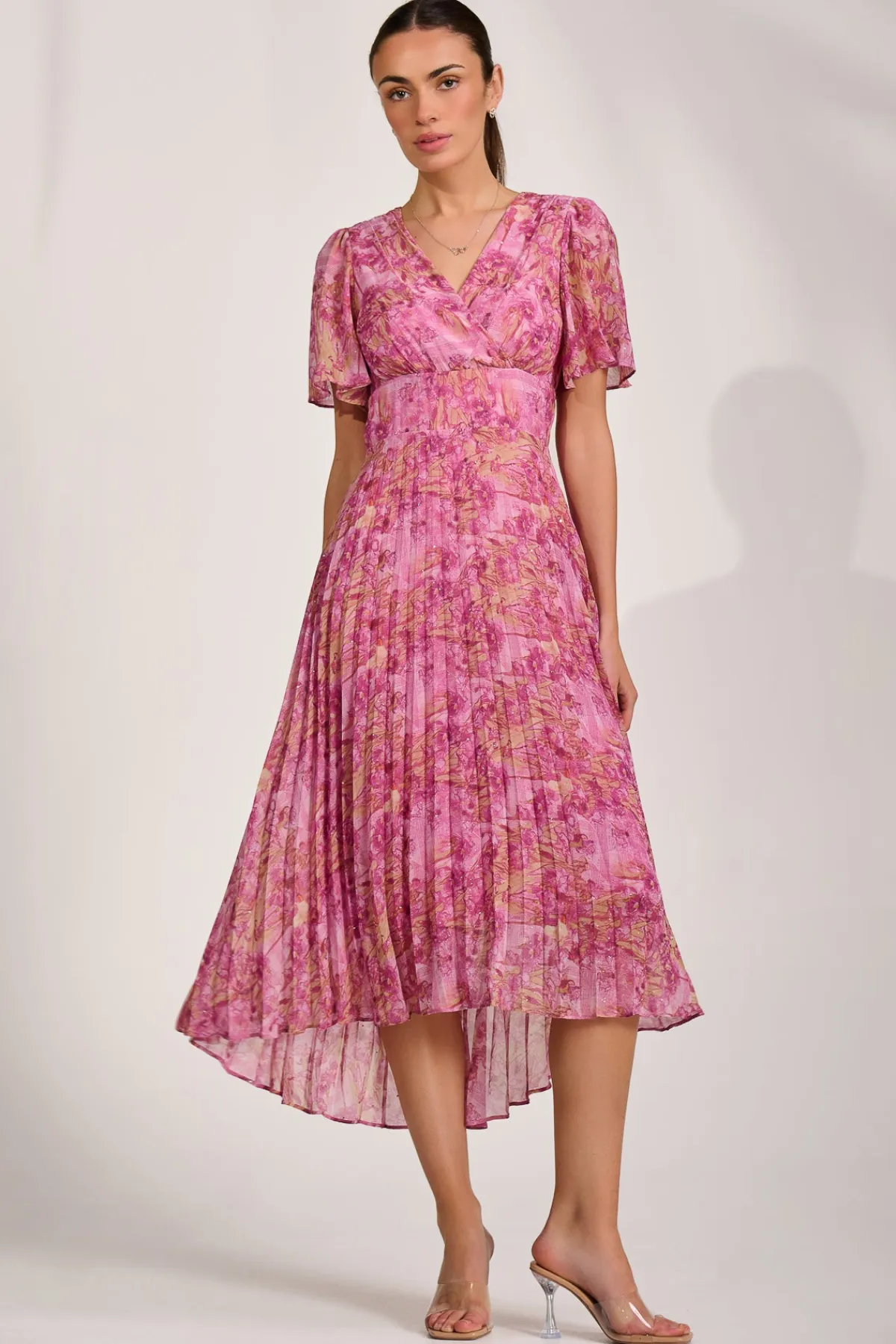 Jolie Moi Occasion Dresses|Maxi Dresses-Printed Chiffon Glitter Maxi Dress, Pink Abstract
