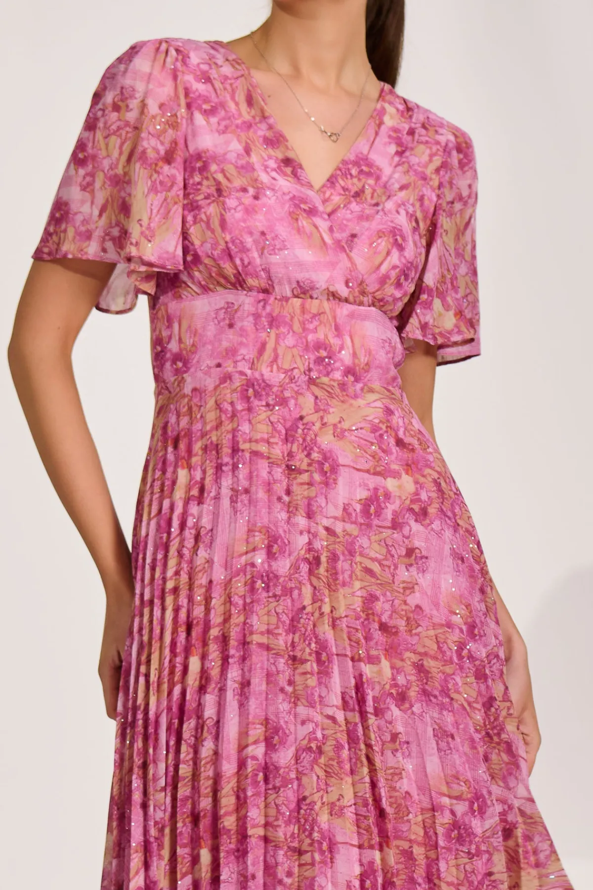 Jolie Moi Occasion Dresses|Maxi Dresses-Printed Chiffon Glitter Maxi Dress, Pink Abstract