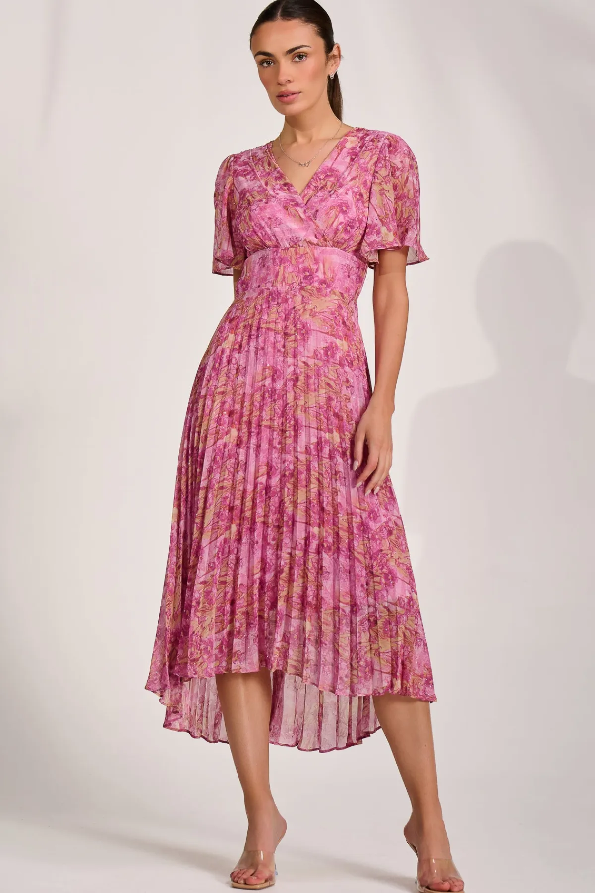Jolie Moi Occasion Dresses|Maxi Dresses-Printed Chiffon Glitter Maxi Dress, Pink Abstract