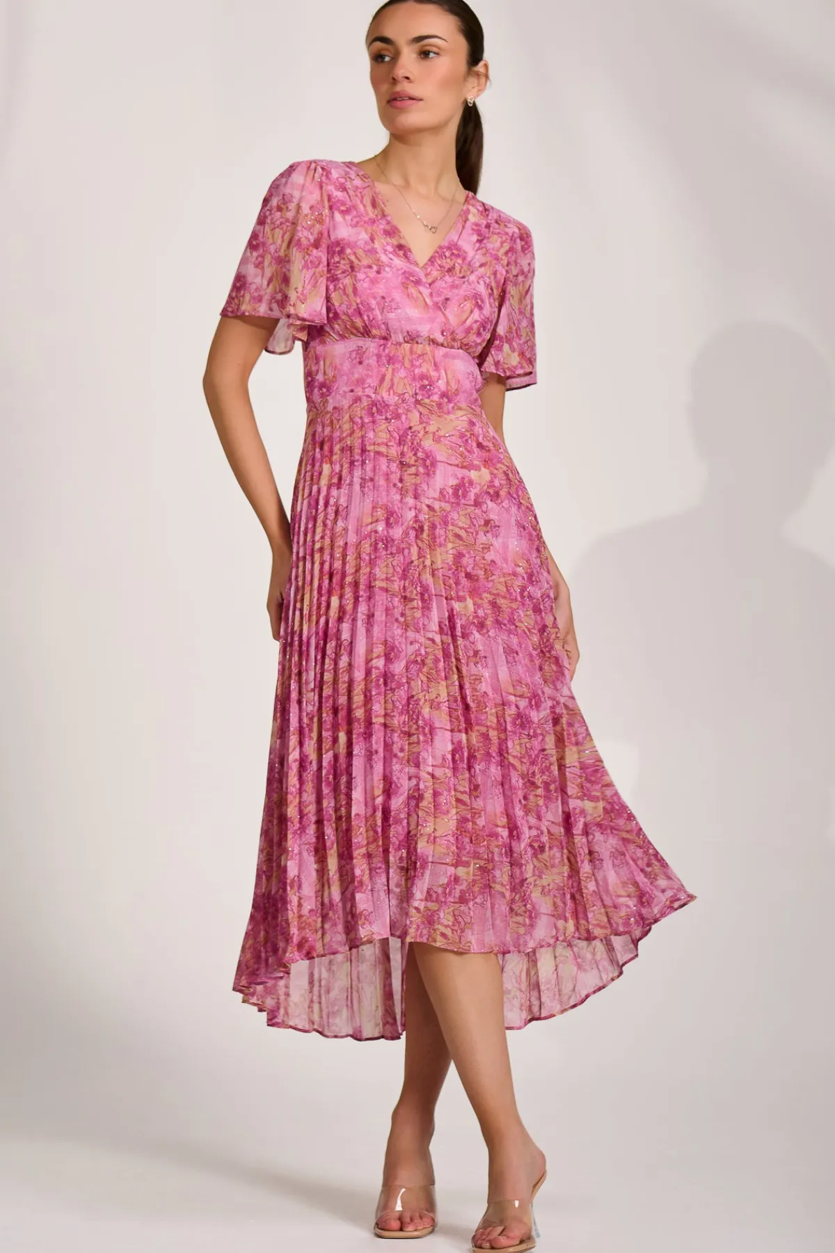 Jolie Moi Occasion Dresses|Maxi Dresses-Printed Chiffon Glitter Maxi Dress, Pink Abstract