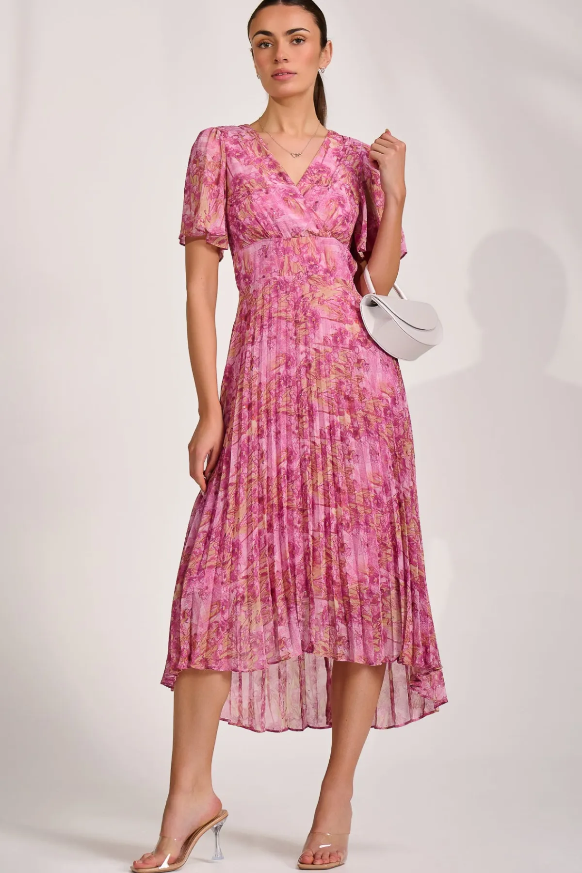 Jolie Moi Occasion Dresses|Maxi Dresses-Printed Chiffon Glitter Maxi Dress, Pink Abstract