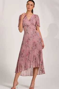Jolie Moi Occasion Dresses|Floral Dresses-Printed Chiffon Glitter Maxi Dress, Pink Floral