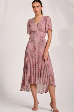 Jolie Moi Occasion Dresses|Floral Dresses-Printed Chiffon Glitter Maxi Dress, Pink Floral