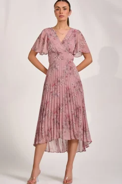 Jolie Moi Occasion Dresses|Floral Dresses-Printed Chiffon Glitter Maxi Dress, Pink Floral