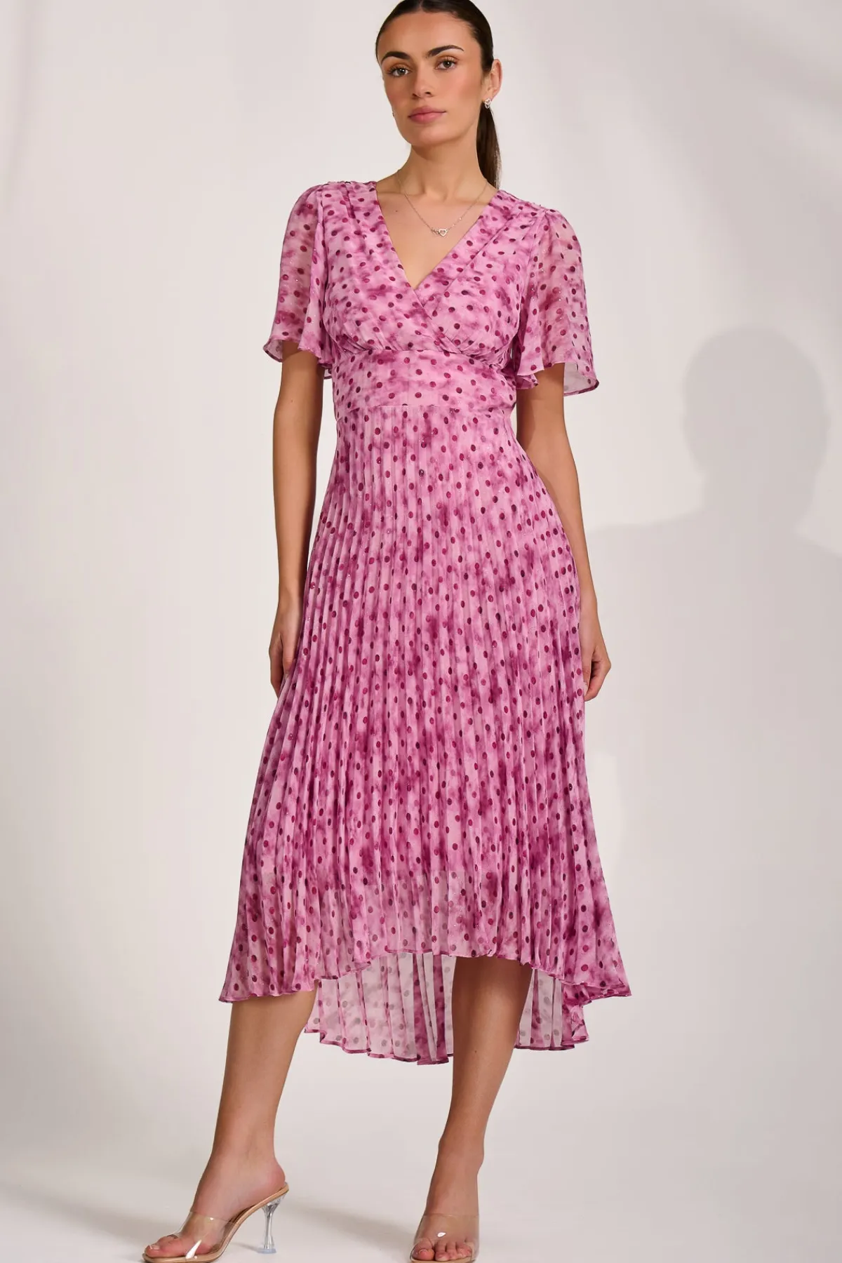 Jolie Moi Occasion Dresses|Printed Dresses-Printed Chiffon Glitter Maxi Dress, Pink Spot