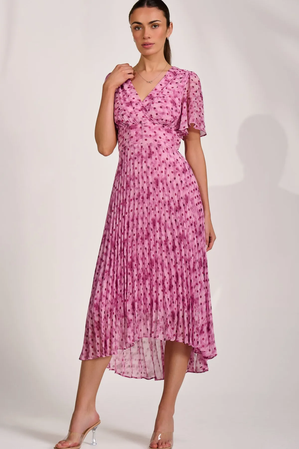 Jolie Moi Occasion Dresses|Printed Dresses-Printed Chiffon Glitter Maxi Dress, Pink Spot