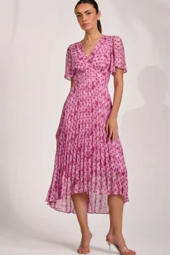 Jolie Moi Occasion Dresses|Printed Dresses-Printed Chiffon Glitter Maxi Dress, Pink Spot
