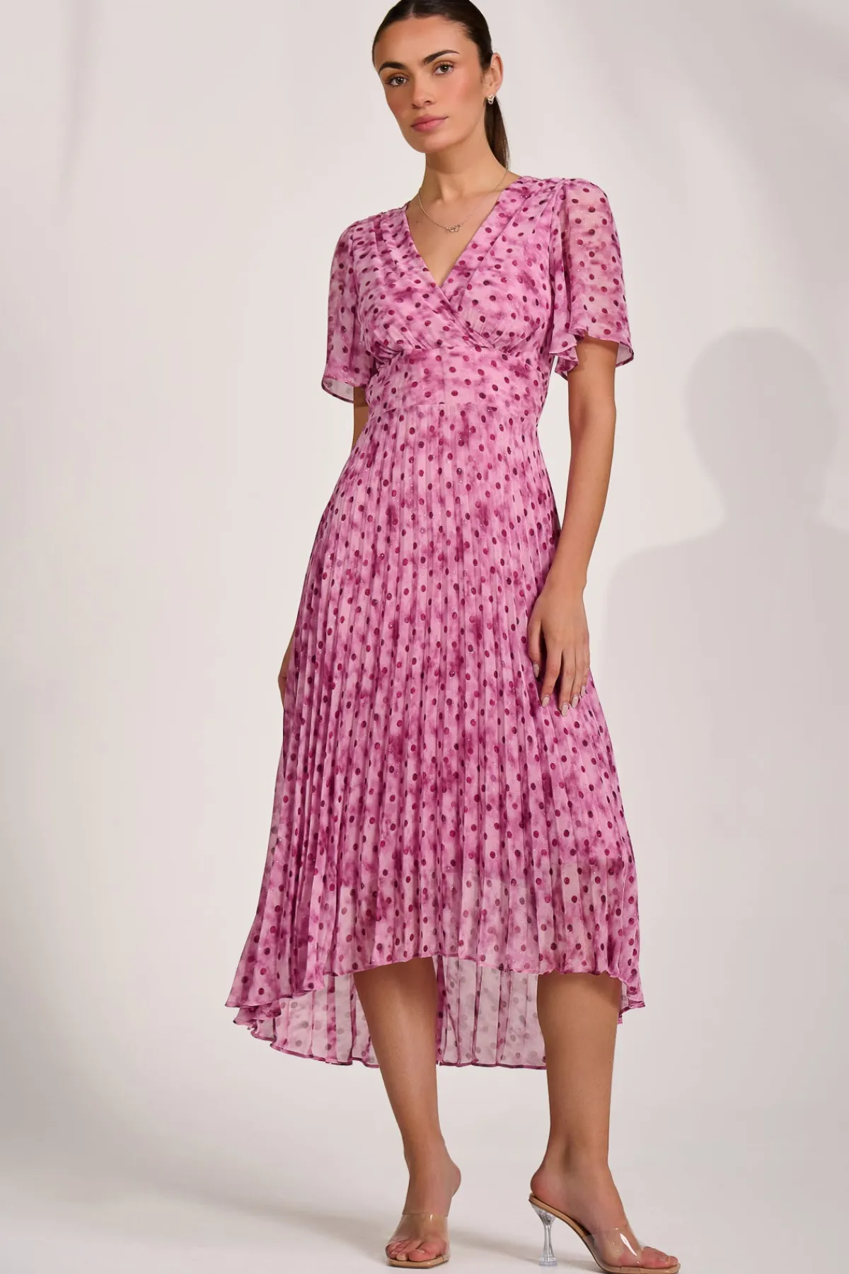 Jolie Moi Occasion Dresses|Printed Dresses-Printed Chiffon Glitter Maxi Dress, Pink Spot
