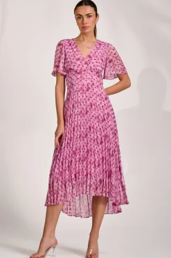 Jolie Moi Occasion Dresses|Printed Dresses-Printed Chiffon Glitter Maxi Dress, Pink Spot