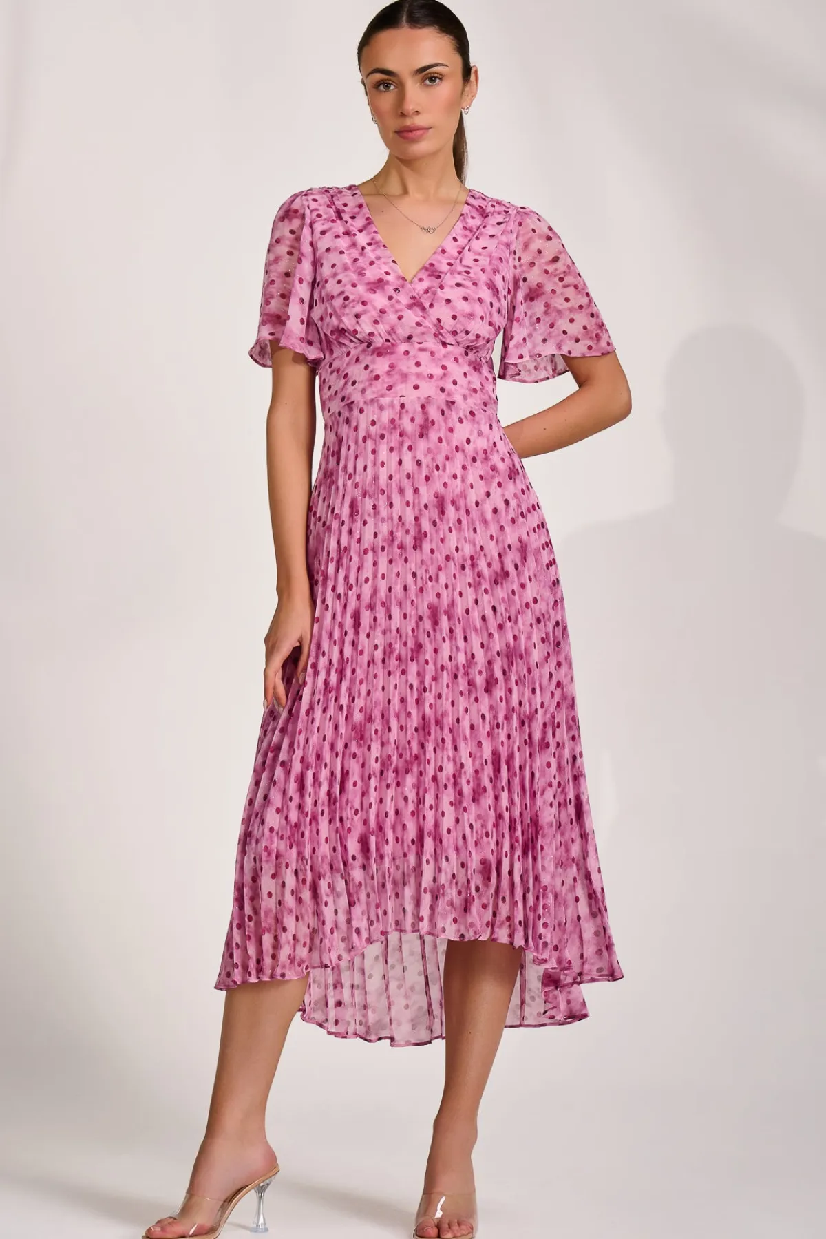 Jolie Moi Occasion Dresses|Printed Dresses-Printed Chiffon Glitter Maxi Dress, Pink Spot