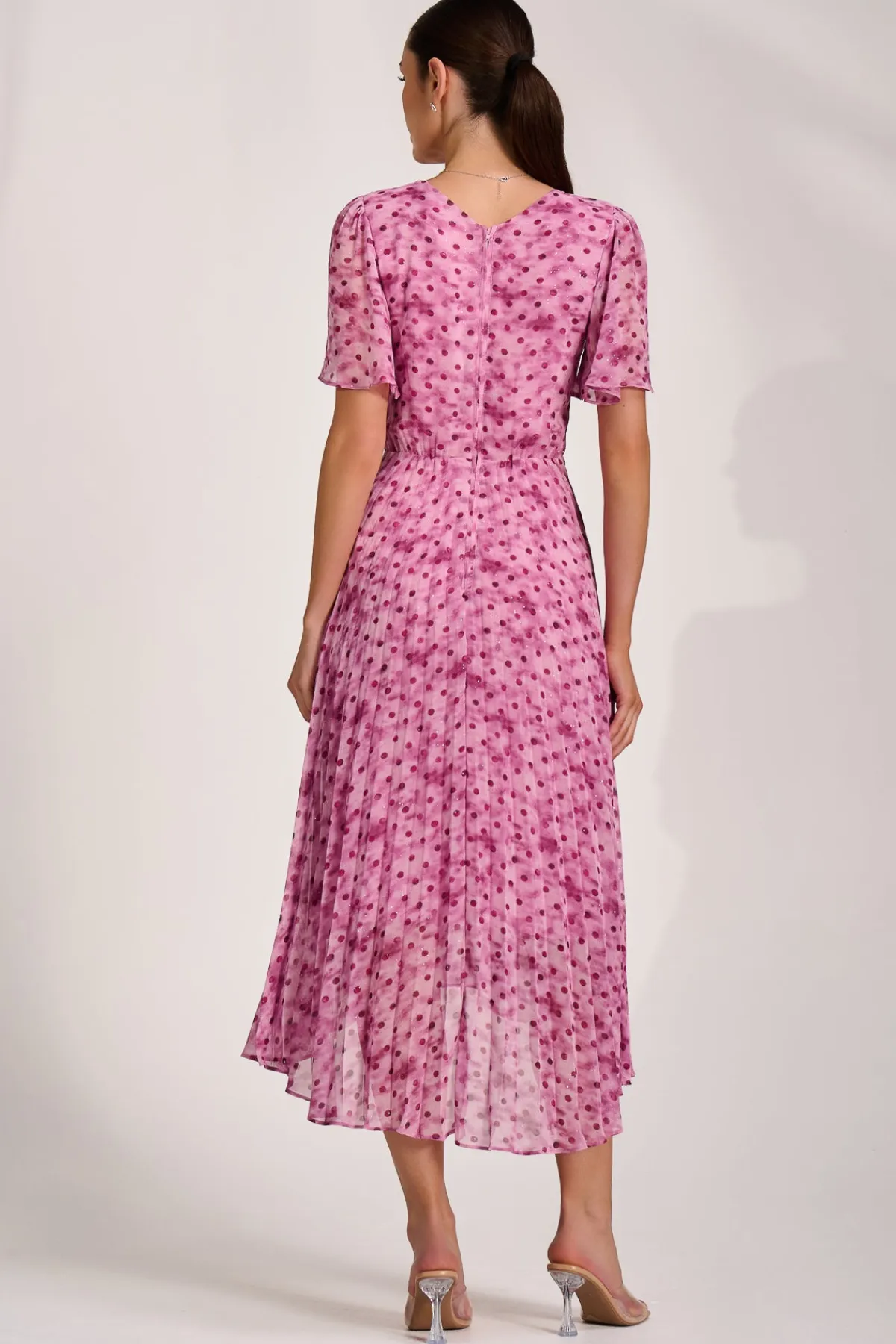 Jolie Moi Occasion Dresses|Printed Dresses-Printed Chiffon Glitter Maxi Dress, Pink Spot