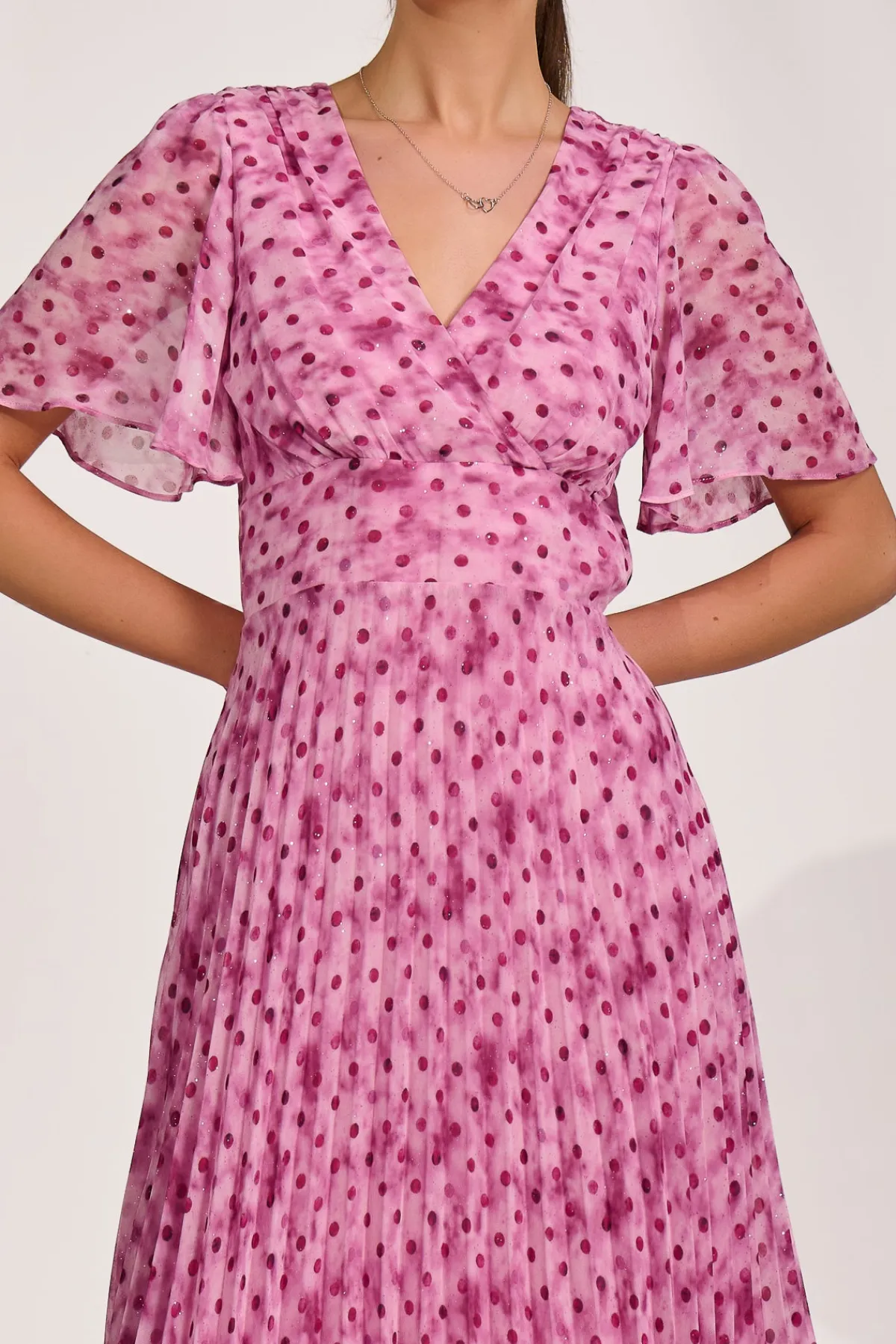 Jolie Moi Occasion Dresses|Printed Dresses-Printed Chiffon Glitter Maxi Dress, Pink Spot