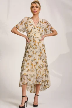 Jolie Moi Occasion Dresses|Floral Dresses-Printed Chiffon Pleated Maxi Dress, Amber Floral