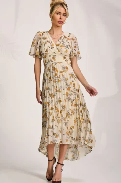 Jolie Moi Occasion Dresses|Floral Dresses-Printed Chiffon Pleated Maxi Dress, Amber Floral
