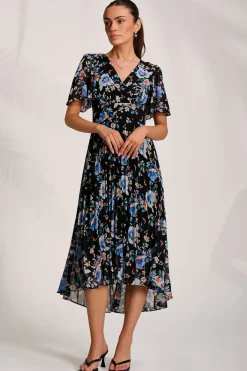 Jolie Moi Occasion Dresses|Floral Dresses-Printed Chiffon Pleated Maxi Dress, Black Floral