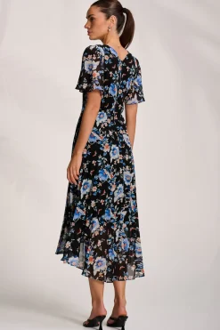 Jolie Moi Occasion Dresses|Floral Dresses-Printed Chiffon Pleated Maxi Dress, Black Floral