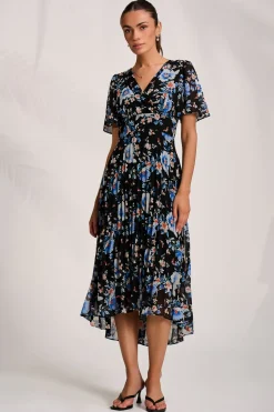 Jolie Moi Occasion Dresses|Floral Dresses-Printed Chiffon Pleated Maxi Dress, Black Floral