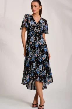 Jolie Moi Occasion Dresses|Floral Dresses-Printed Chiffon Pleated Maxi Dress, Black Floral
