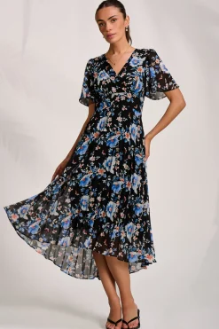 Jolie Moi Occasion Dresses|Floral Dresses-Printed Chiffon Pleated Maxi Dress, Black Floral