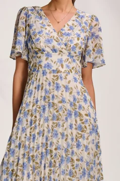 Jolie Moi Occasion Dresses|Wedding Guest-Printed Chiffon Pleated Maxi Dress, Blue Floral