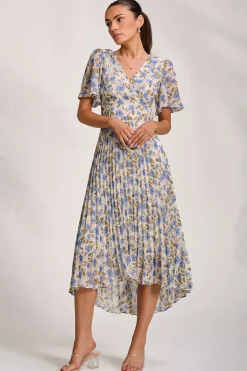 Jolie Moi Occasion Dresses|Wedding Guest-Printed Chiffon Pleated Maxi Dress, Blue Floral