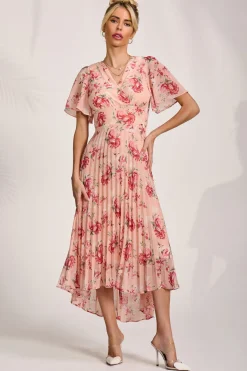 Jolie Moi Occasion Dresses|Floral Dresses-Printed Chiffon Pleated Maxi Dress, Coral Floral