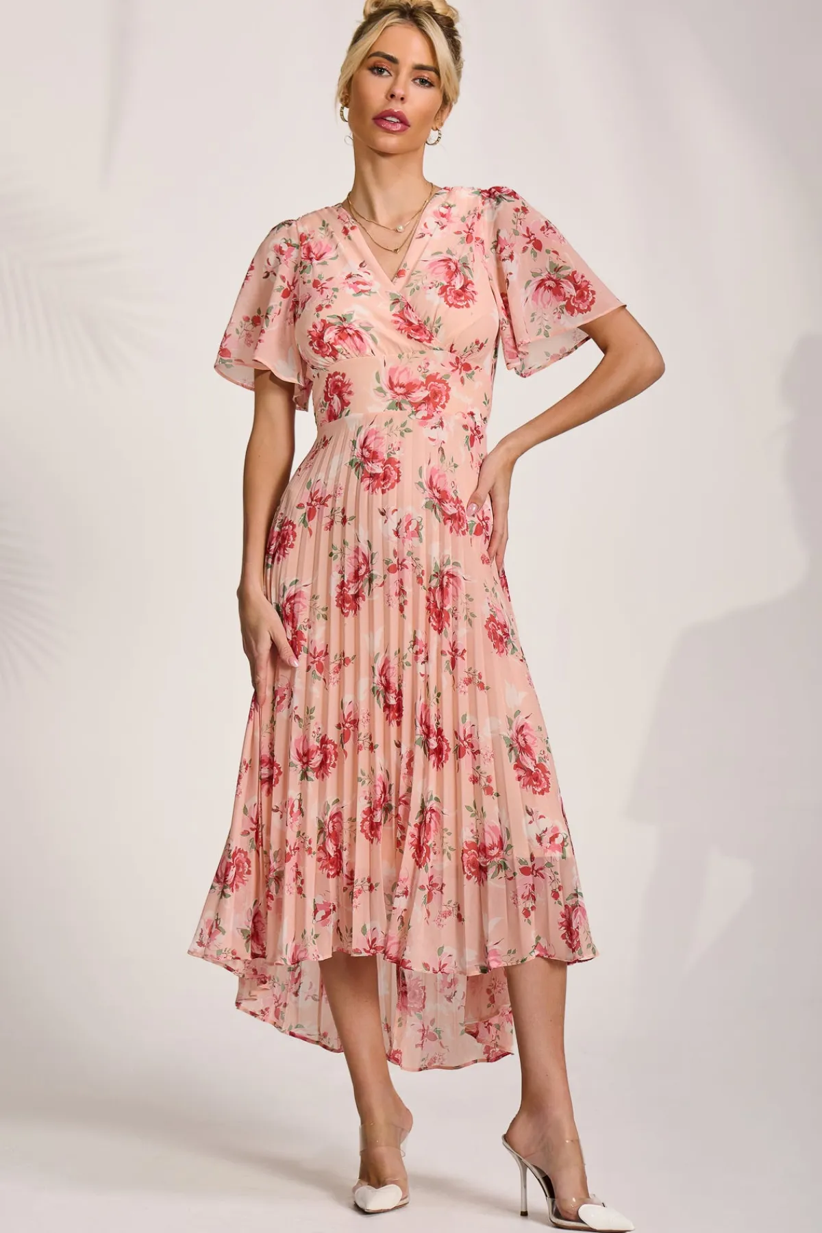 Jolie Moi Occasion Dresses|Floral Dresses-Printed Chiffon Pleated Maxi Dress, Coral Floral