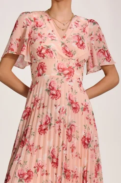 Jolie Moi Occasion Dresses|Floral Dresses-Printed Chiffon Pleated Maxi Dress, Coral Floral