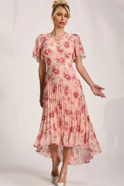 Jolie Moi Occasion Dresses|Floral Dresses-Printed Chiffon Pleated Maxi Dress, Coral Floral