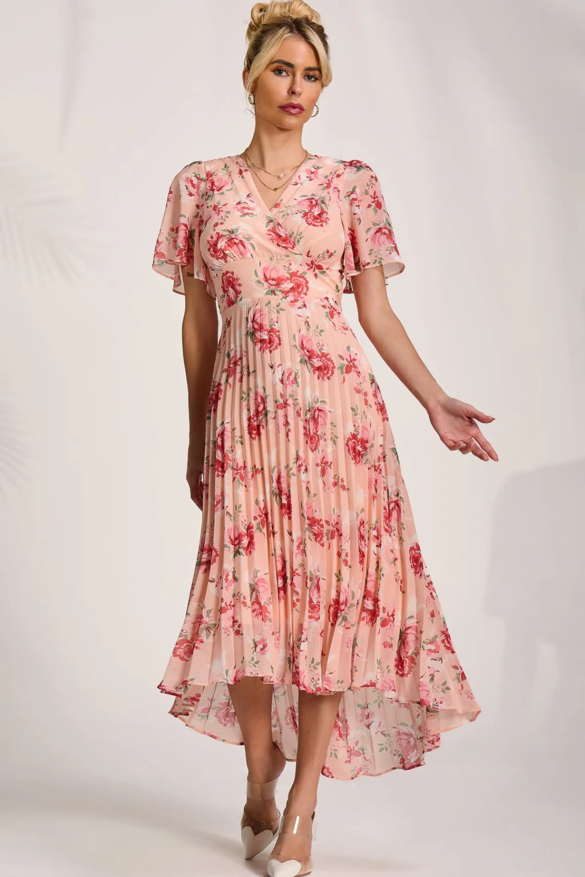 Jolie Moi Occasion Dresses|Floral Dresses-Printed Chiffon Pleated Maxi Dress, Coral Floral