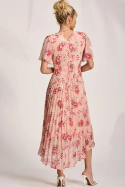 Jolie Moi Occasion Dresses|Floral Dresses-Printed Chiffon Pleated Maxi Dress, Coral Floral