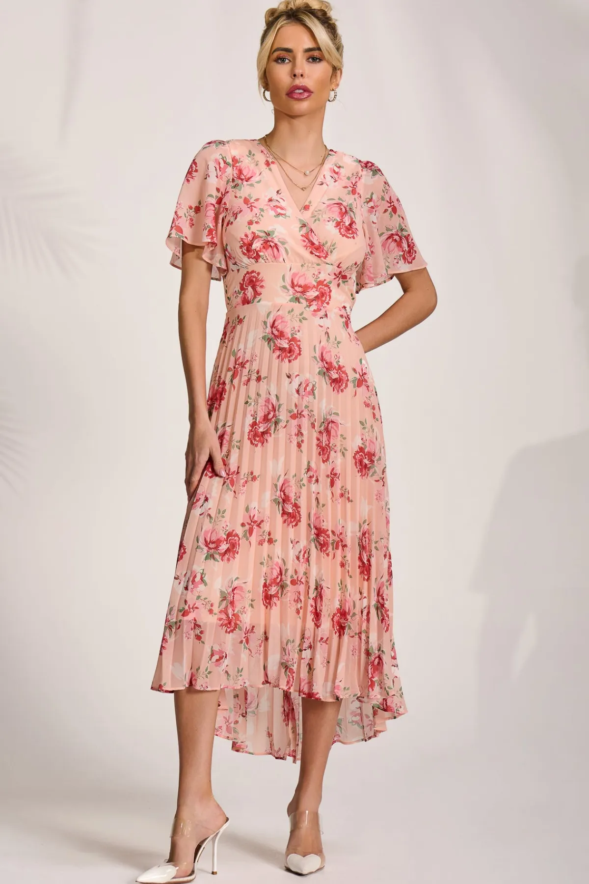 Jolie Moi Occasion Dresses|Floral Dresses-Printed Chiffon Pleated Maxi Dress, Coral Floral
