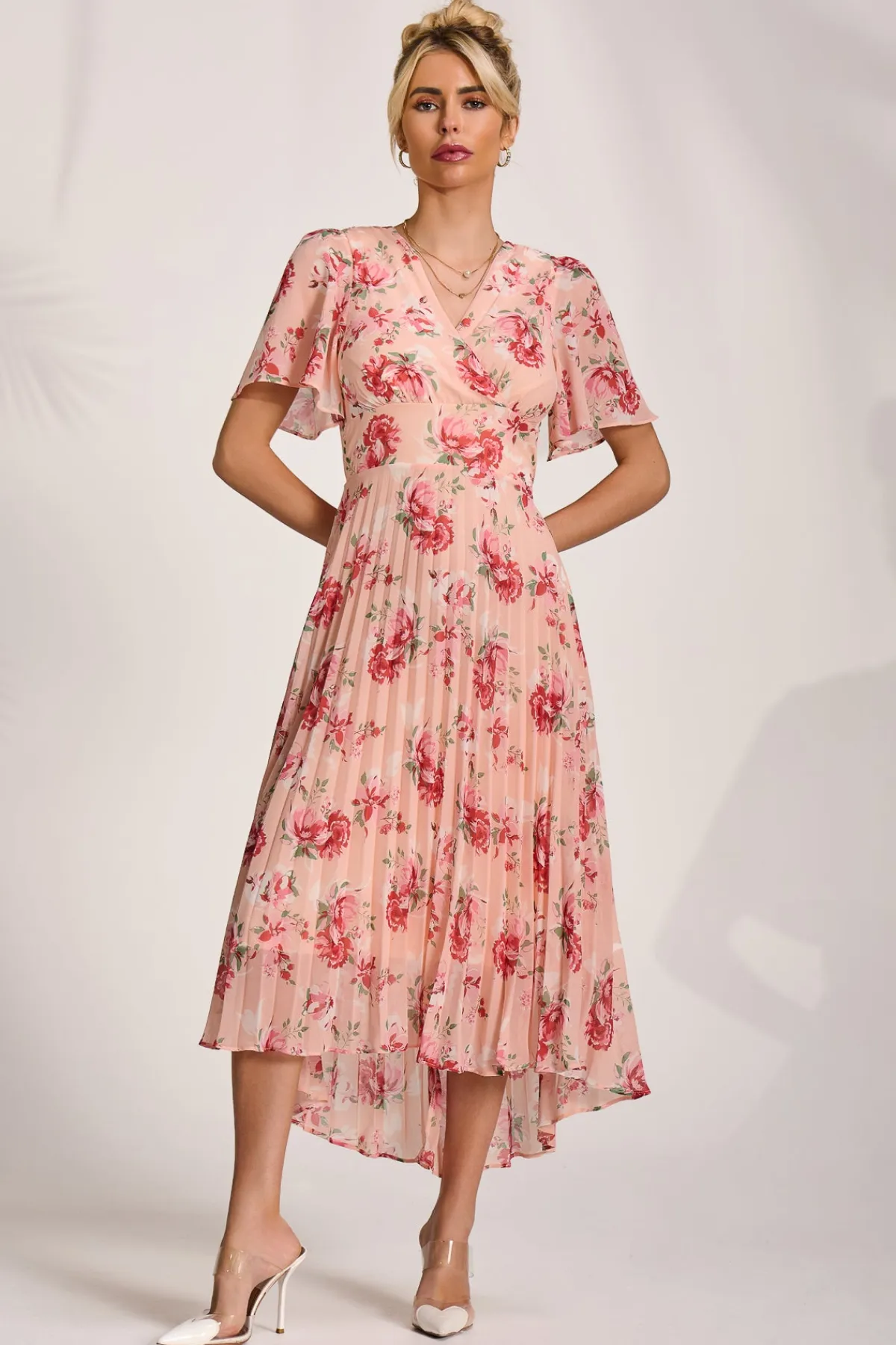 Jolie Moi Occasion Dresses|Floral Dresses-Printed Chiffon Pleated Maxi Dress, Coral Floral