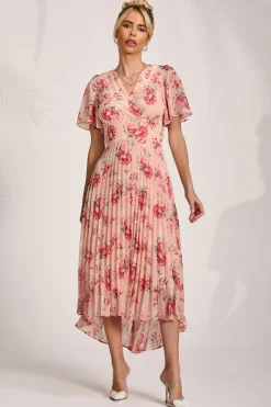 Jolie Moi Occasion Dresses|Floral Dresses-Printed Chiffon Pleated Maxi Dress, Coral Floral