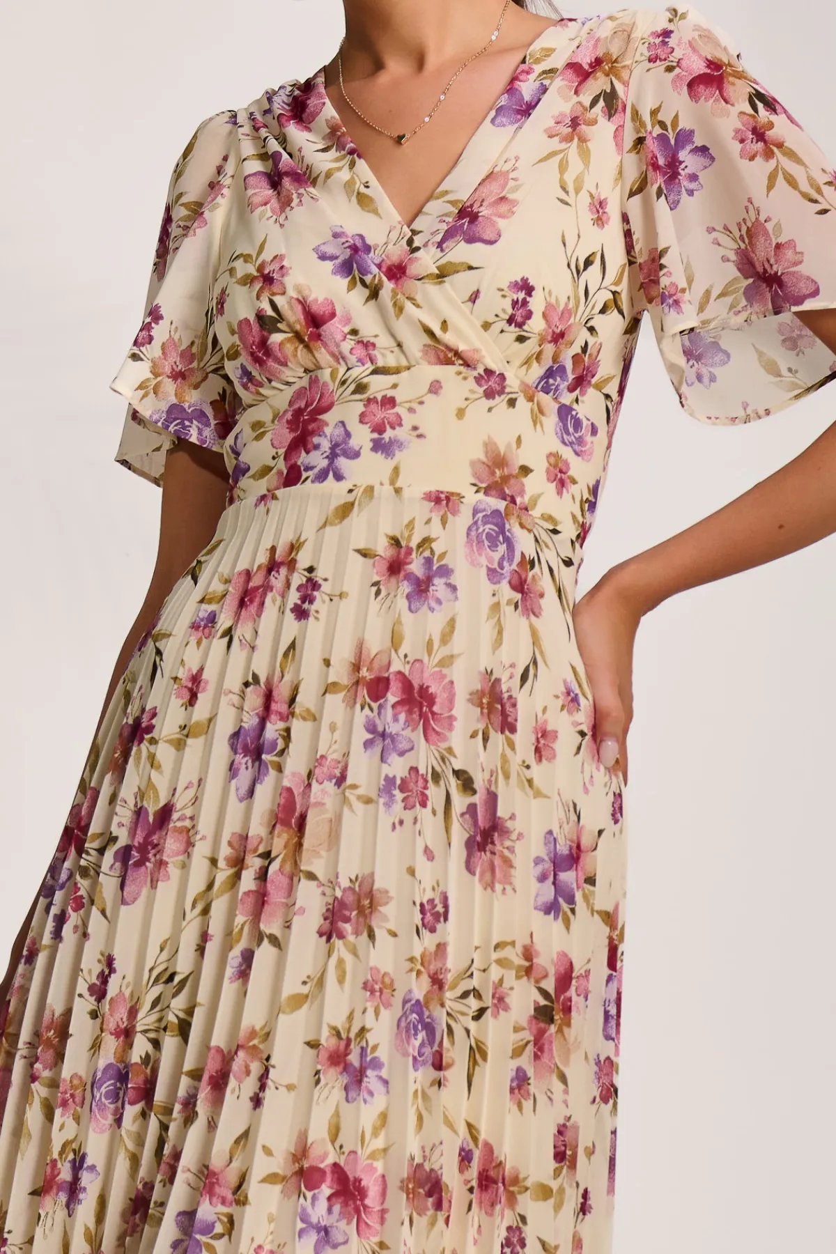 Jolie Moi Occasion Dresses|Maxi Dresses-Printed Chiffon Pleated Maxi Dress, Cream Floral