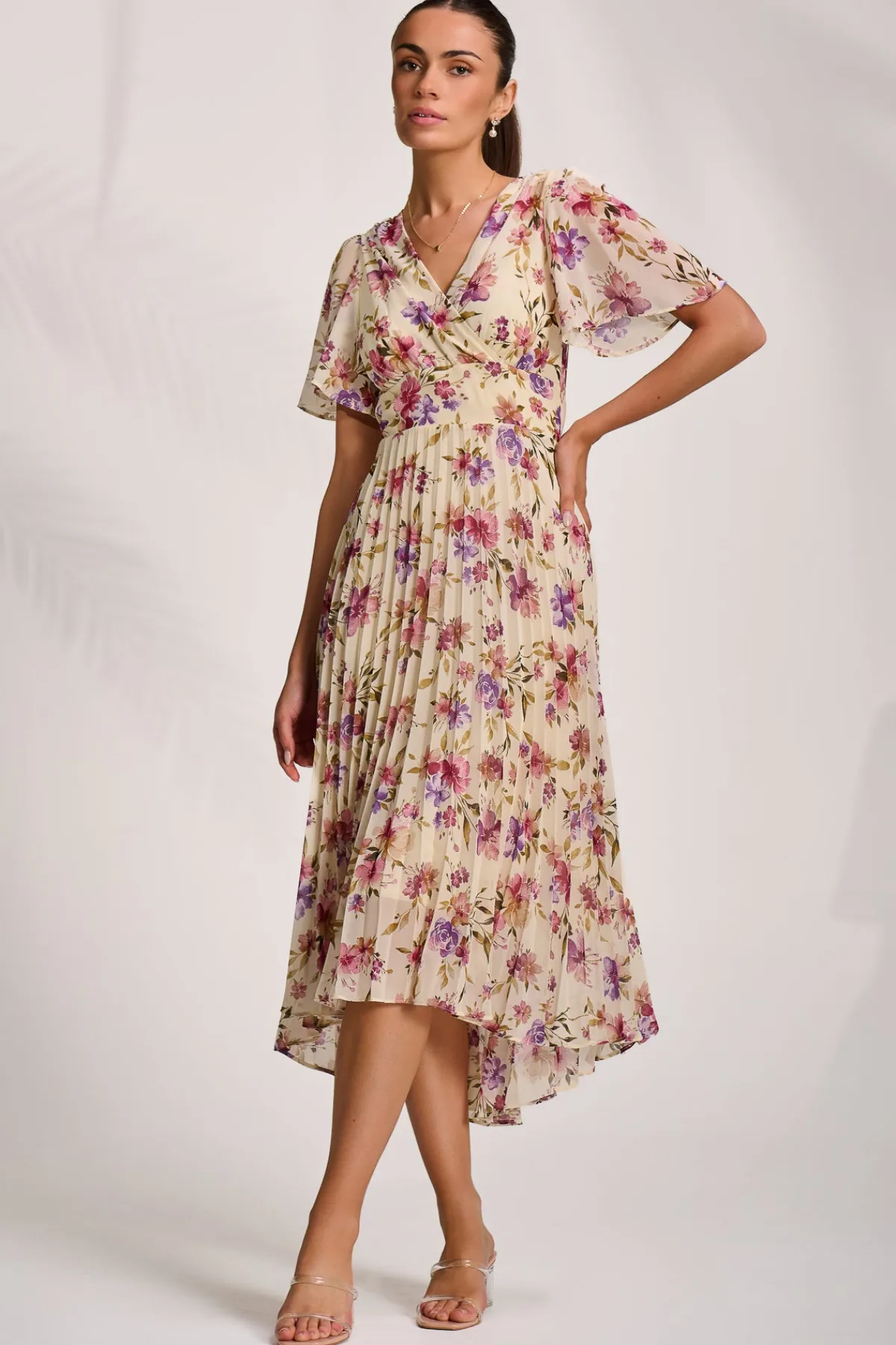 Jolie Moi Occasion Dresses|Maxi Dresses-Printed Chiffon Pleated Maxi Dress, Cream Floral