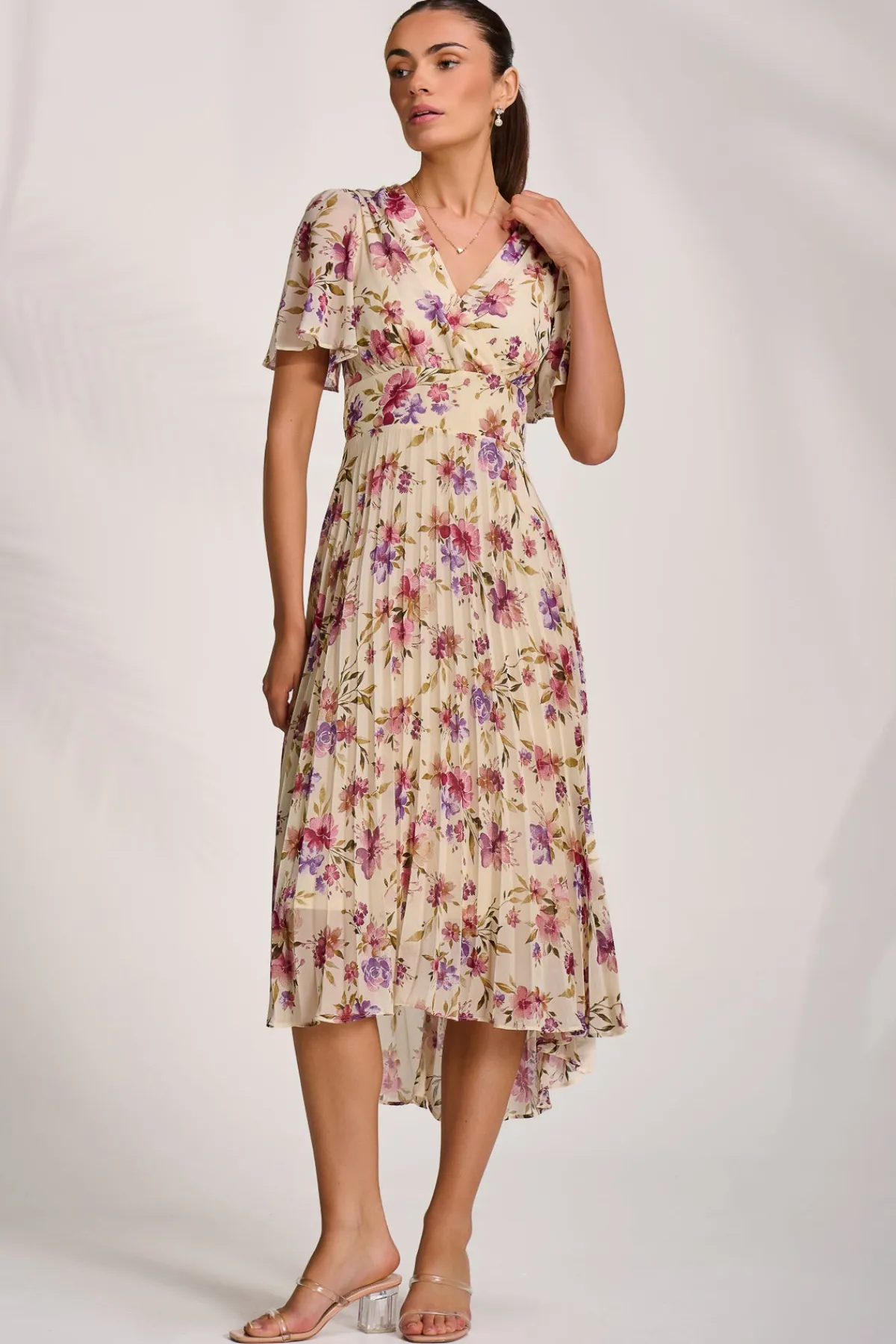 Jolie Moi Occasion Dresses|Maxi Dresses-Printed Chiffon Pleated Maxi Dress, Cream Floral
