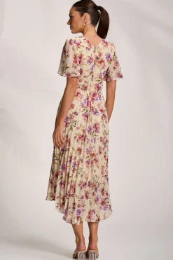 Jolie Moi Occasion Dresses|Maxi Dresses-Printed Chiffon Pleated Maxi Dress, Cream Floral