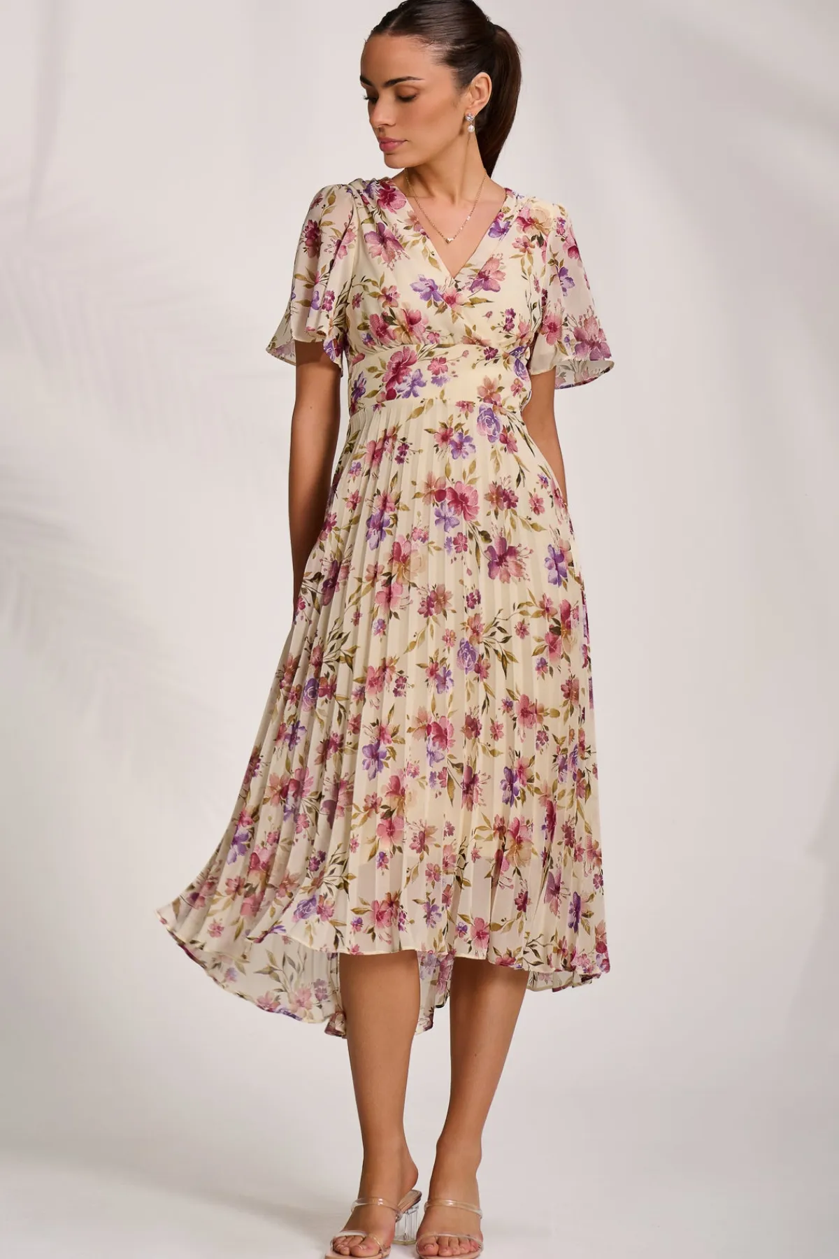 Jolie Moi Occasion Dresses|Maxi Dresses-Printed Chiffon Pleated Maxi Dress, Cream Floral