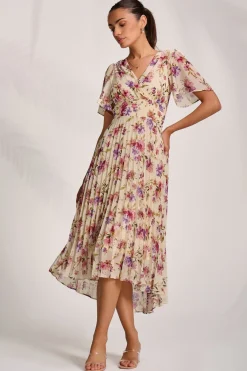Jolie Moi Occasion Dresses|Maxi Dresses-Printed Chiffon Pleated Maxi Dress, Cream Floral