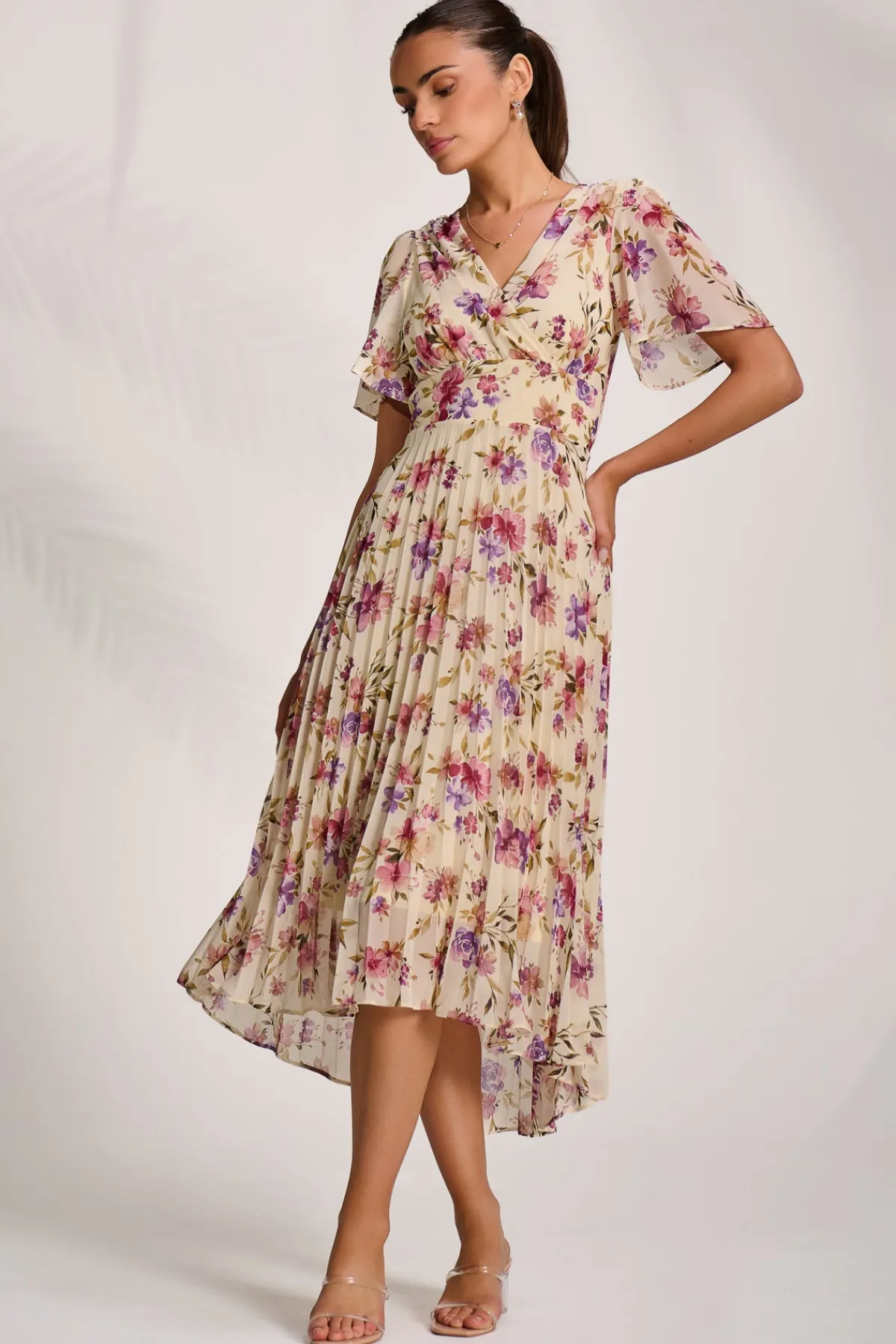 Jolie Moi Occasion Dresses|Maxi Dresses-Printed Chiffon Pleated Maxi Dress, Cream Floral
