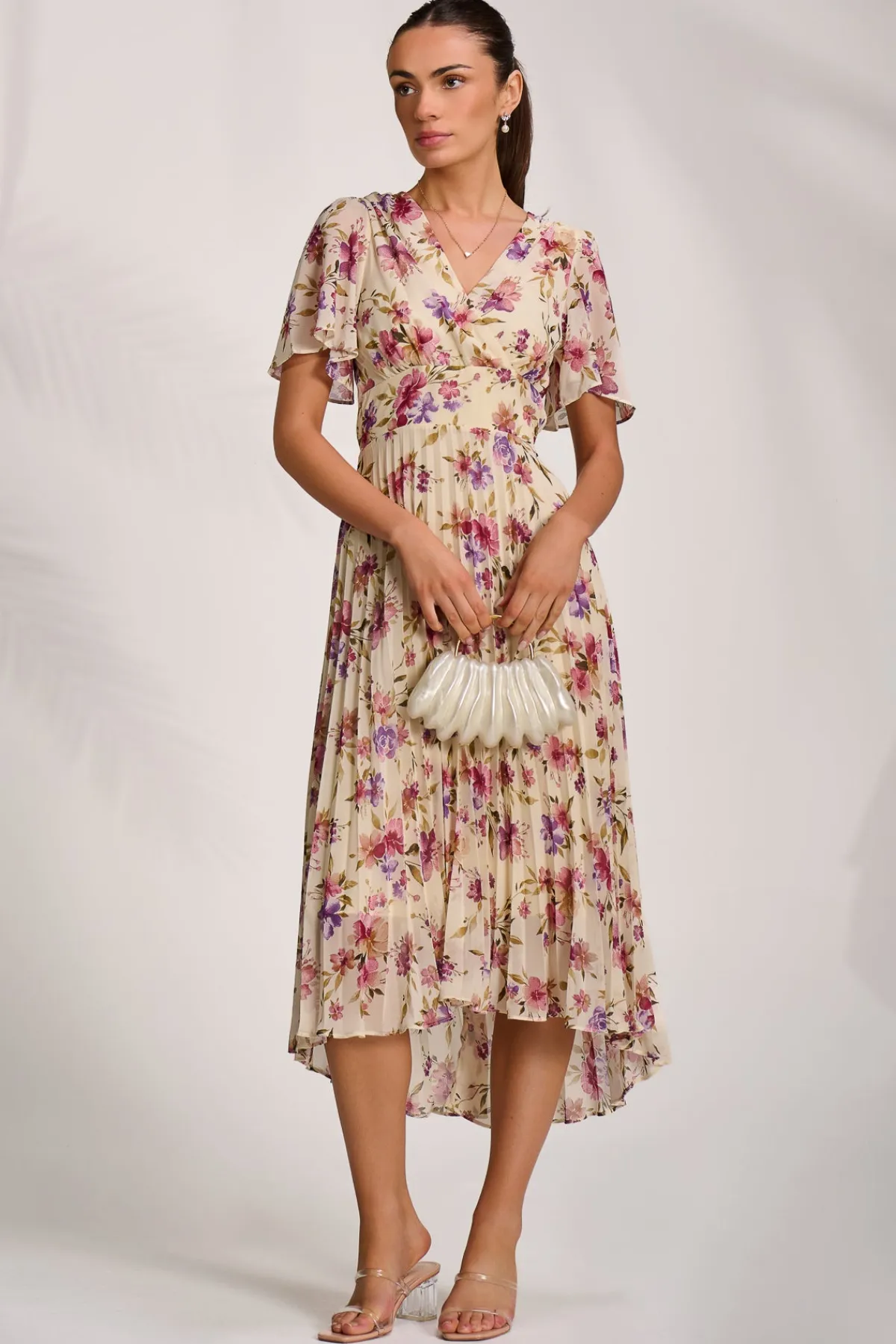 Jolie Moi Occasion Dresses|Maxi Dresses-Printed Chiffon Pleated Maxi Dress, Cream Floral