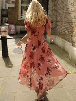 Jolie Moi Occasion Dresses|Party Dresses-Printed Chiffon Pleated Maxi Dress, Mauve Floral