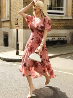 Jolie Moi Occasion Dresses|Party Dresses-Printed Chiffon Pleated Maxi Dress, Mauve Floral