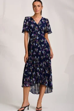 Jolie Moi Occasion Dresses|Floral Dresses-Printed Chiffon Pleated Maxi Dress, Navy Floral