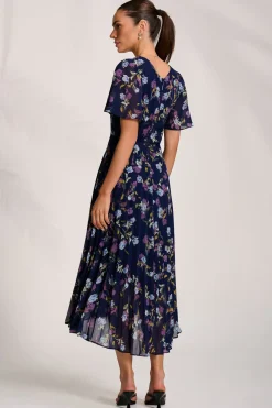 Jolie Moi Occasion Dresses|Floral Dresses-Printed Chiffon Pleated Maxi Dress, Navy Floral