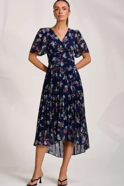 Jolie Moi Occasion Dresses|Floral Dresses-Printed Chiffon Pleated Maxi Dress, Navy Floral