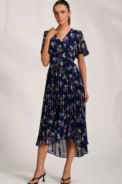 Jolie Moi Occasion Dresses|Floral Dresses-Printed Chiffon Pleated Maxi Dress, Navy Floral