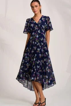 Jolie Moi Occasion Dresses|Floral Dresses-Printed Chiffon Pleated Maxi Dress, Navy Floral